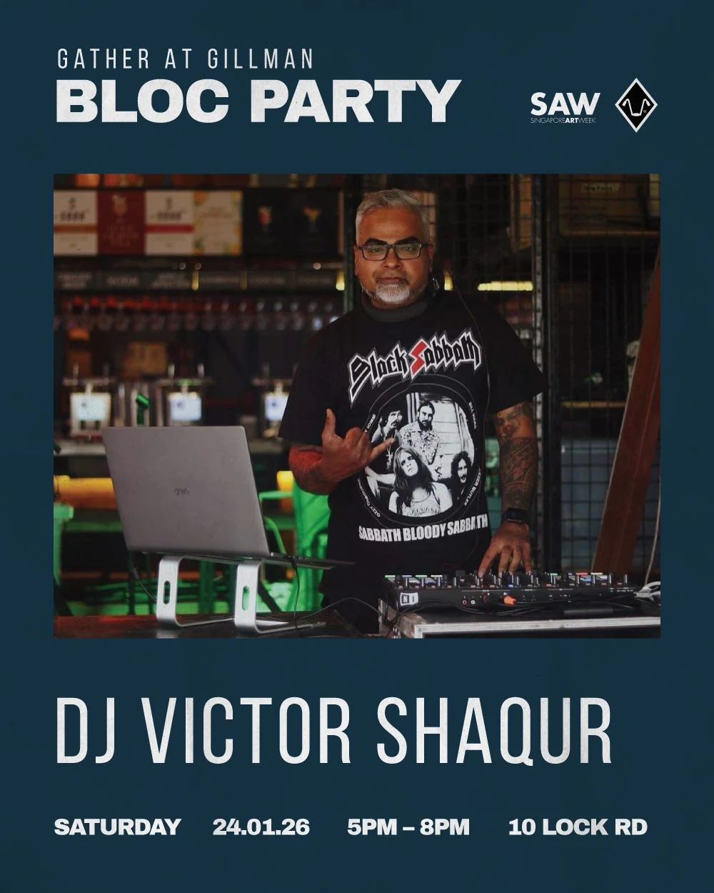 Gather at Gillman Bloc Party poster featuring DJ Victor Shaqur behind a DJ controller